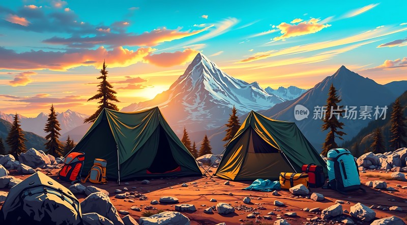 日落下的帐篷与雪山