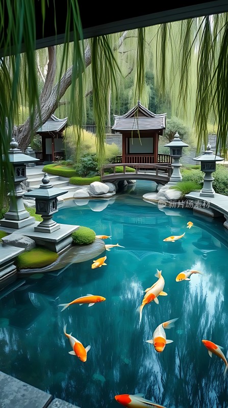 碧波池中锦鲤游古亭小桥柳丝垂