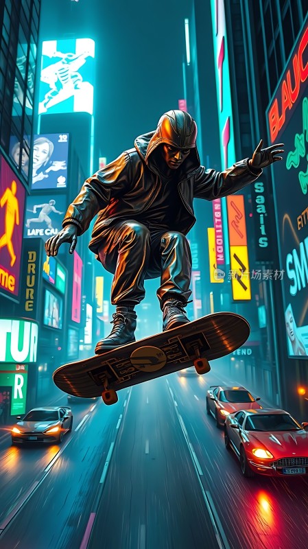 滑板少年飞跃城市街头