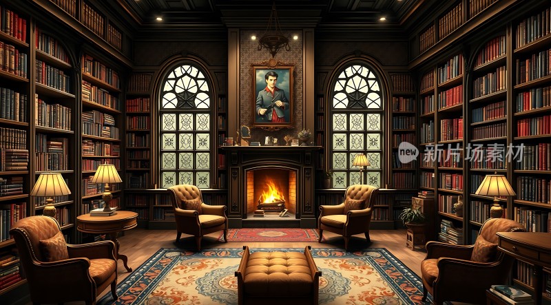 古董书架环绕的优雅书房中央壁炉旁摆放着舒适的座椅和地毯