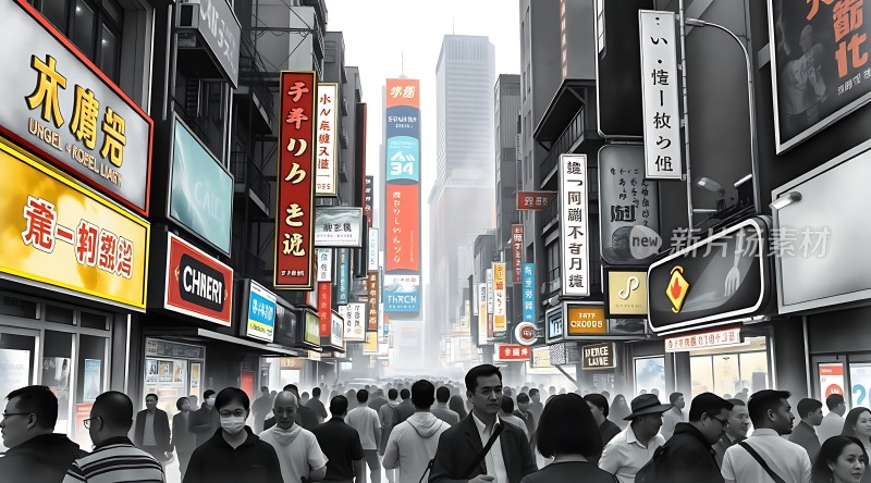 繁华都市街头人群熙攘霓虹闪烁