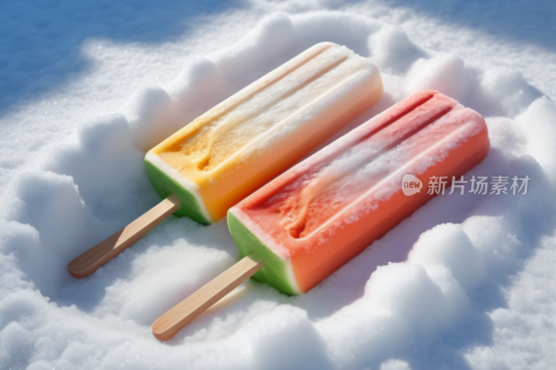 有两根冰棍坐在雪地里高清图片