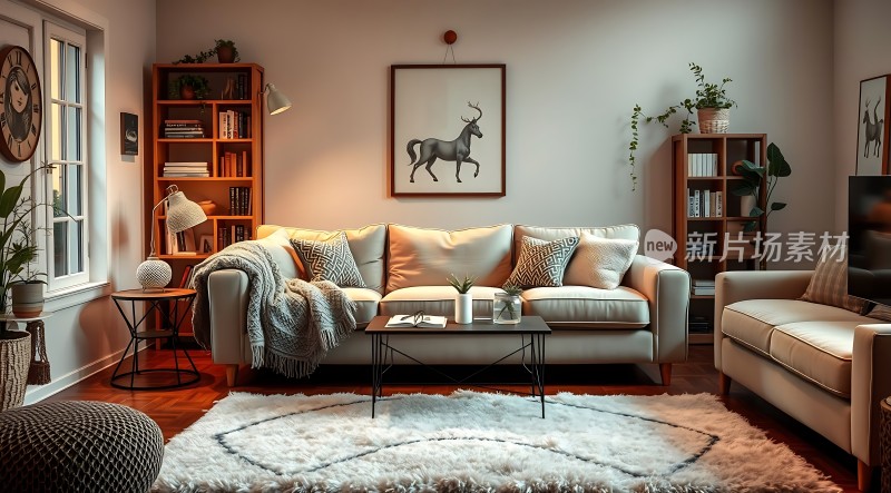 温馨客厅舒适沙发精美装饰画书香气息浓厚