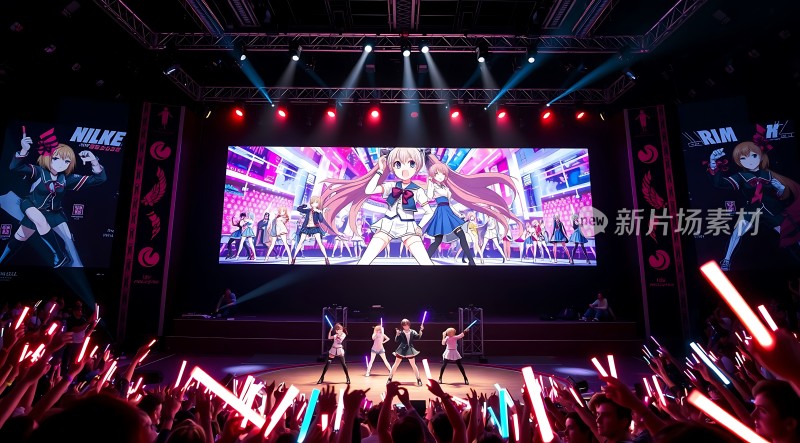 舞台灯光闪耀动画角色大屏展示观众挥舞荧光棒现场气氛热烈