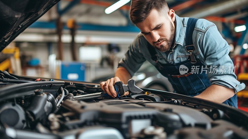 机械师专注检修汽车引擎