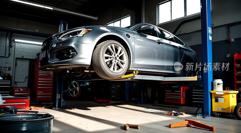 汽车维修车间内一辆银色轿车被蓝色支架托起周围工具箱、轮胎等一应俱全