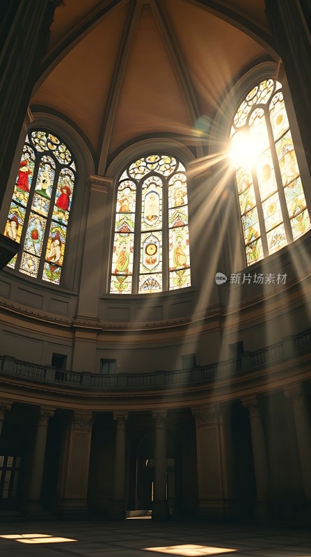 阳光透过彩色玻璃窗洒进教堂内部光影斑驳宁静而神圣