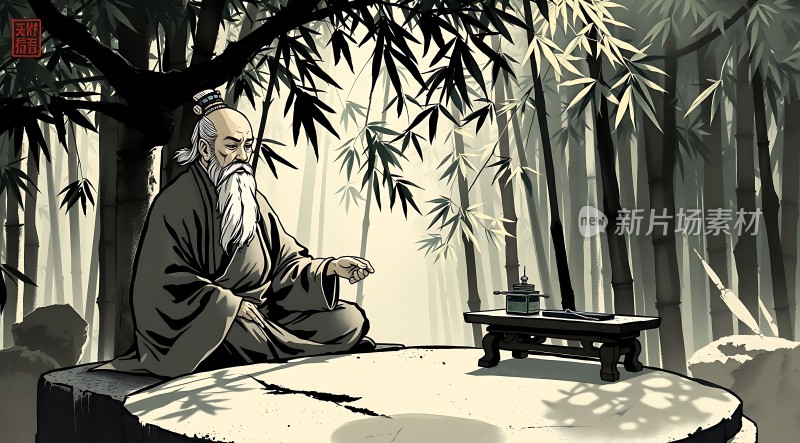 竹影下的智者沉思