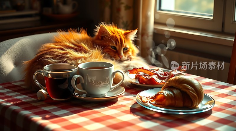 阳光下的橘猫与早餐