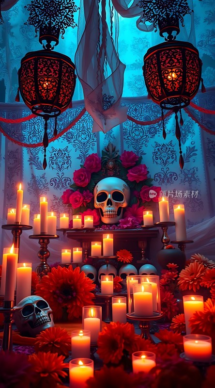 **亡灵节祭坛烛光与骷髅共舞
