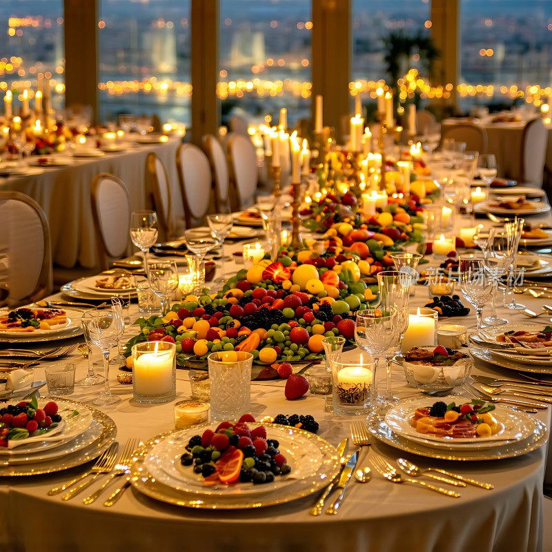 烛光晚餐盛宴水果拼盘与精美餐具