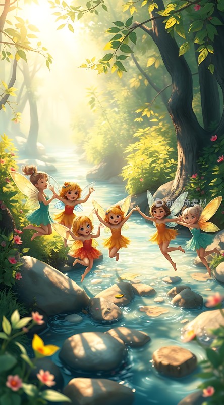 精灵嬉戏林间溪流