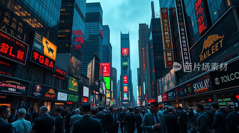 繁华都市街头霓虹闪烁人群熙攘