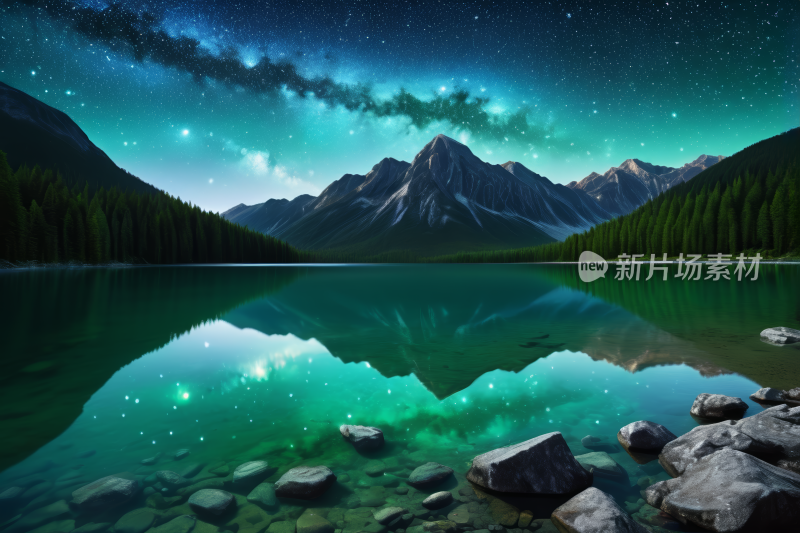 星空夜空覆盖着岩石和树木山湖风景风光图片