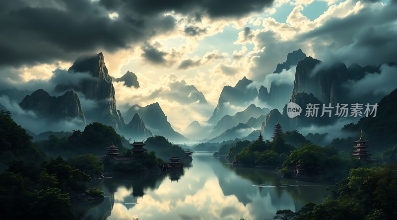 云雾缭绕的山川与古建筑倒影湖面