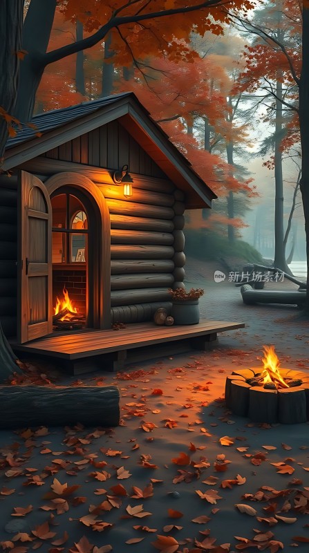 秋日小木屋温馨夜色