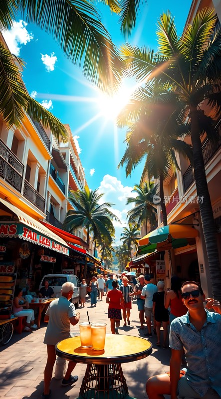 阳光下的热带风情街景