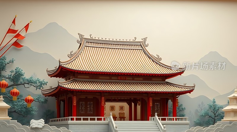 古风建筑山水背景