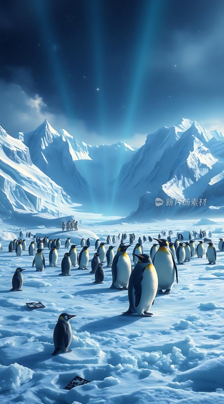 南极企鹅群聚雪地美景
