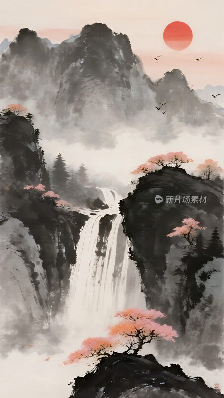 中式山水瀑布落日景观