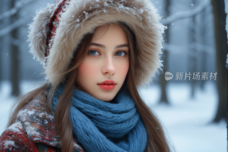 在雪林中戴着帽子和围巾的妇女高清图片