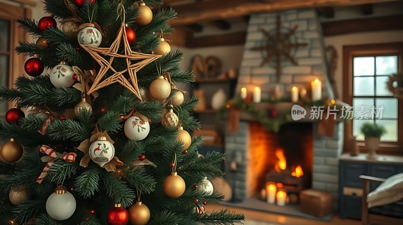 温馨圣诞树旁暖炉旁享受节日时光