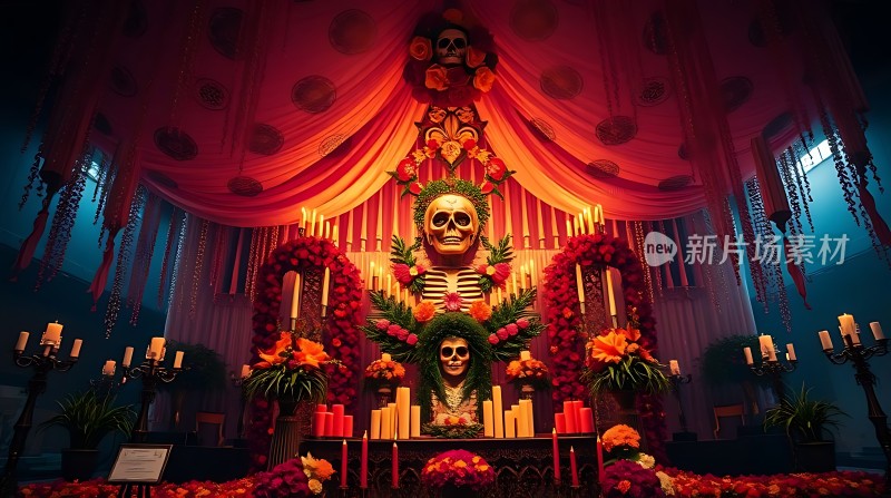亡灵节祭坛骷髅与花束共舞