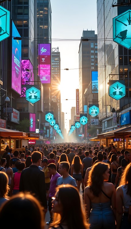 繁华都市街头人群熙攘阳光洒落霓虹闪烁