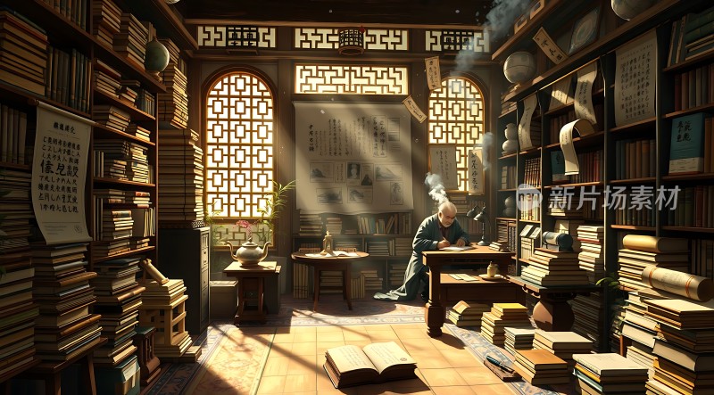 古风书房学者静坐书海中