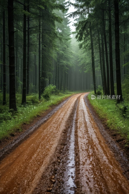 树林中央的土路树木和草丛高清风景图片