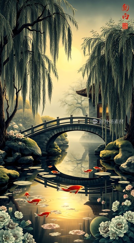古桥柳影映碧波金鲤戏荷池中游