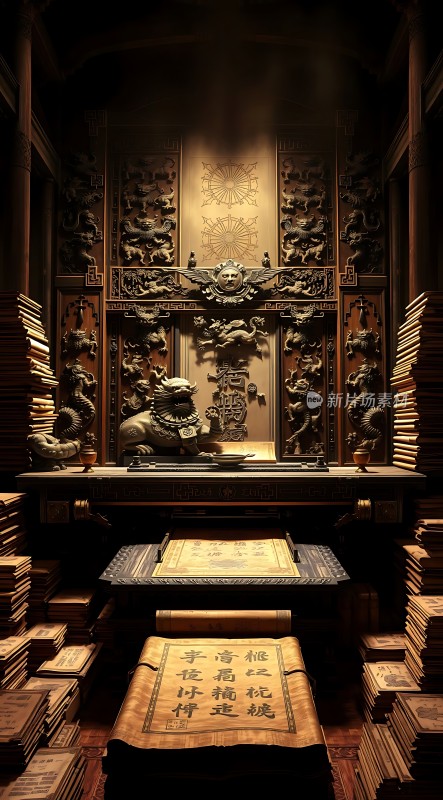 古风书房书卷与雕刻的艺术盛宴