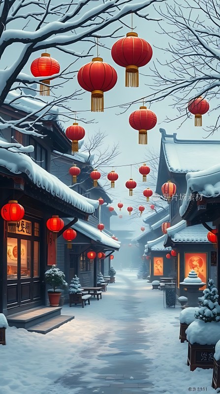 雪夜古街灯笼映