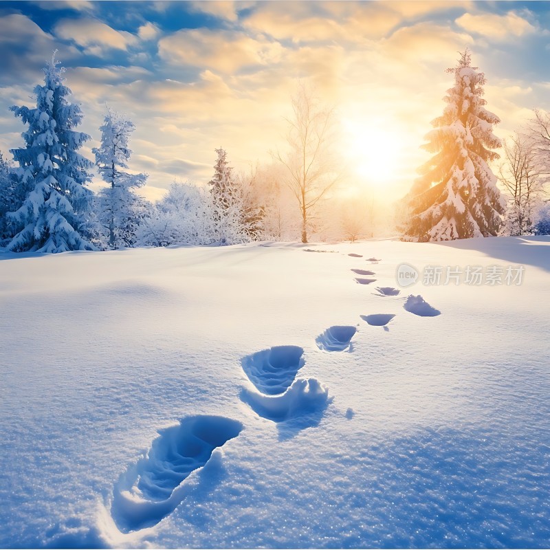 雪地足迹阳光下的冬日美景