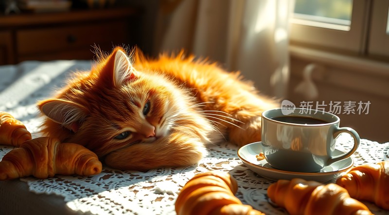 阳光下的橘猫与咖啡和羊角面包