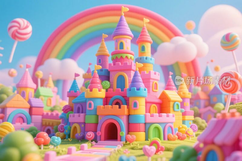 梦幻彩色童话城堡插画