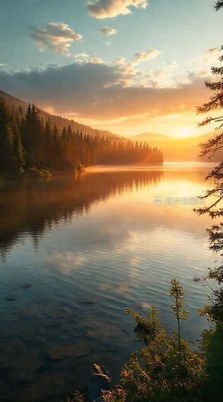 湖畔晨曦映山川