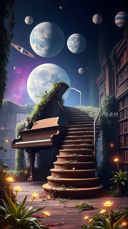 钢琴与星空下的梦幻花园