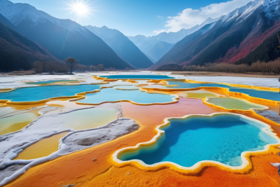 地区背景中有很多色彩缤纷水和山脉风景图片