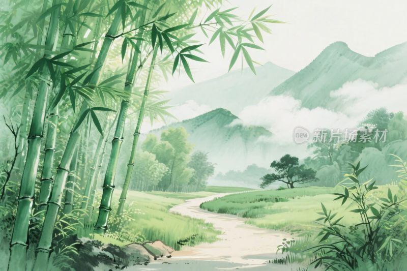 竹林山水风景插画
