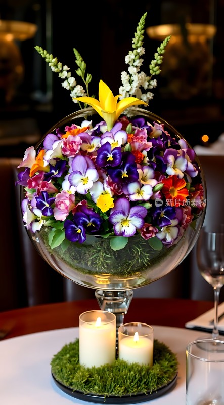 玻璃球内鲜花绽放蜡烛点缀色彩斑斓生机盎然