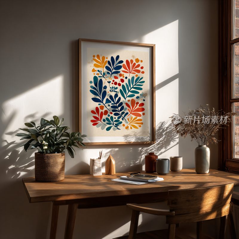 室内窗边装饰画与绿植场景