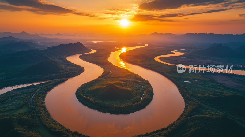 夕阳西下的长江16蜿蜒河流与金色夕阳