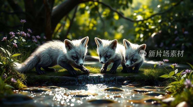 三只小狐狸在溪边嬉戏