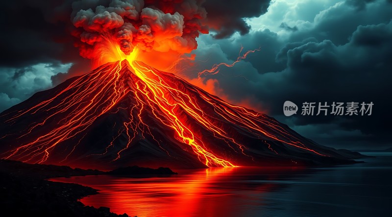火山喷发熔岩与闪电交织的自然奇观