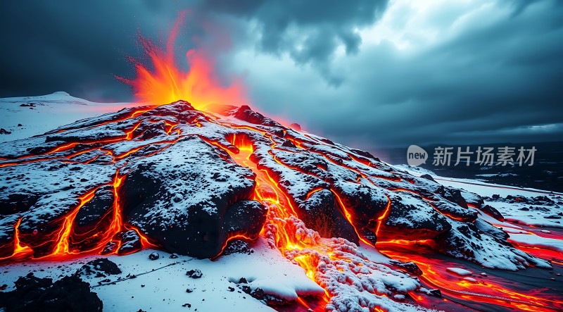 熔岩与雪地交织的自然奇观