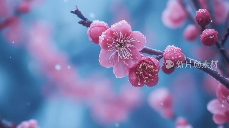 冬天树枝花朵冬季雪景飘雪寒梅