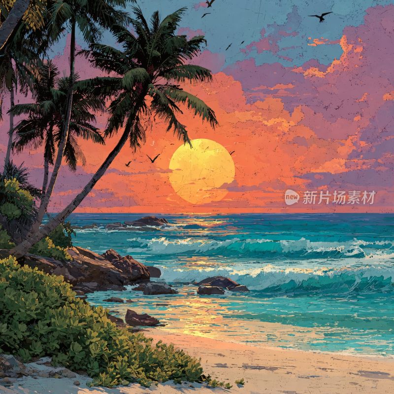 海边落日椰林美丽景象