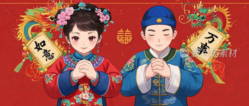 2025新年春节卡通人物国潮喜庆创意图