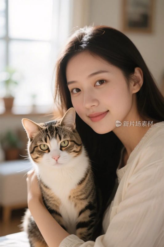 女子与猫咪的温馨互动